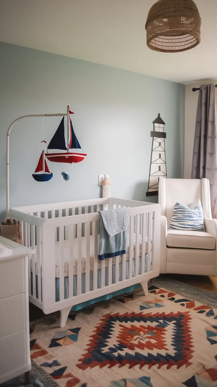 A perfect blend of bohemian spirit and nautical charm, this gender-neutral nursery is a haven of tranquility. The white crib, rocking chair, and dresser are complemented by ocean-inspired decor, including a whimsical sailboat mobile and a lighthouse accent, creating a space where dreams are as boundless as the sea.