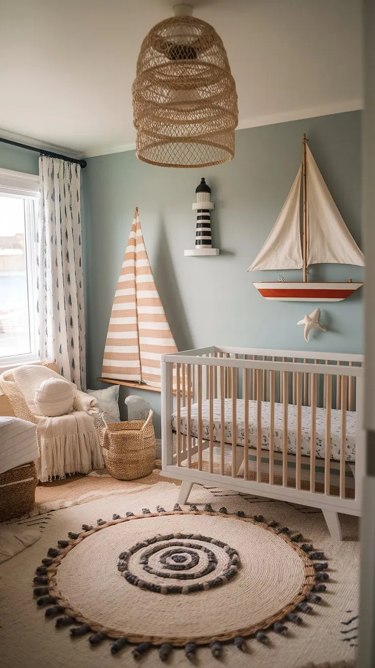 This gender-neutral nursery is a perfect blend of coastal charm and bohemian style. The calming blue walls, natural fiber crib, and playful nautical accents create a space that's both stylish and soothing, a sanctuary for sweet dreams and playful exploration.