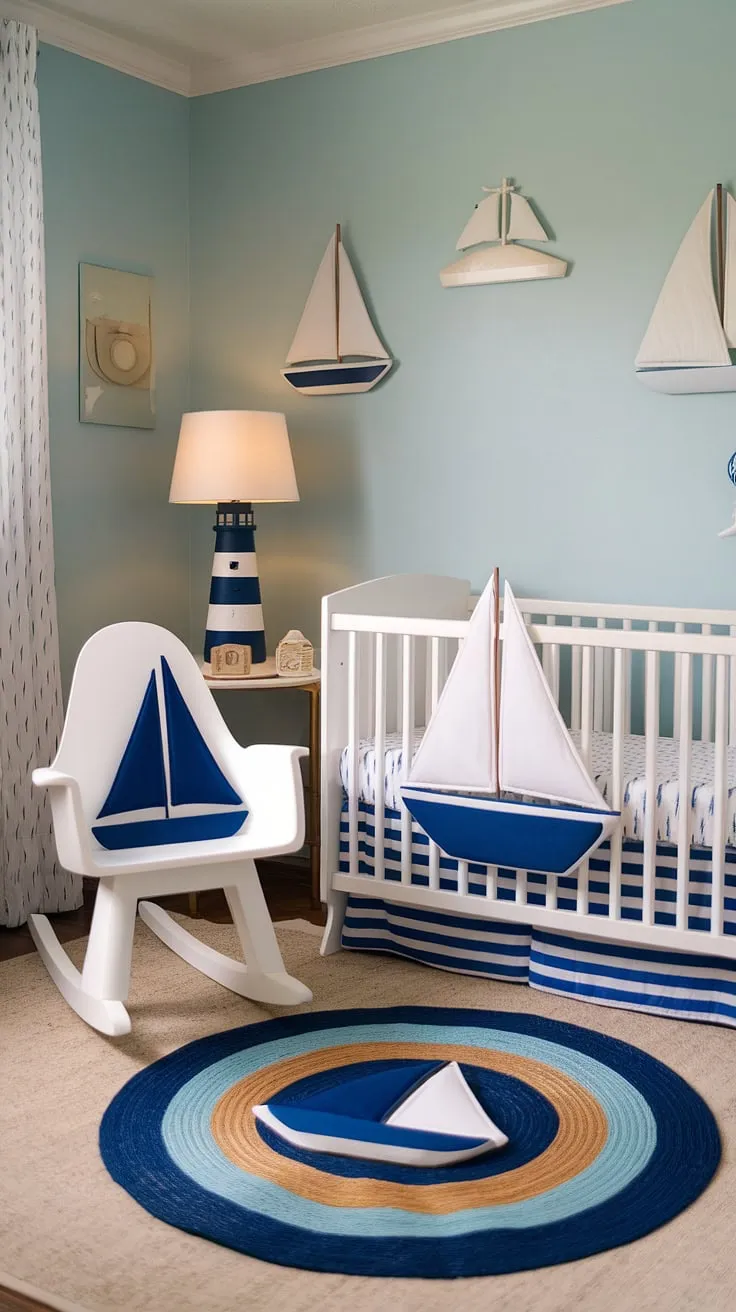Ahoy, matey! This gender-neutral nautical nursery is a dream come true, complete with a charming sailboat crib, a cozy rocking chair, and a lighthouse lamp to guide little sailors to dreamland. The soft blue walls and ocean-themed decor create a serene and playful space for adventures to begin.