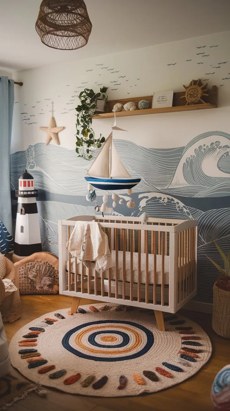 Adventure awaits in this charming boho surf nursery. Ocean waves dance across the walls, complemented by a whimsical sailboat mobile and a cozy crib, creating a haven of tranquility. The carefully curated details, from the lighthouse to the woven rug, tell a story of calm seas and endless possibilities, a space where dreams are as boundless as the ocean itself.