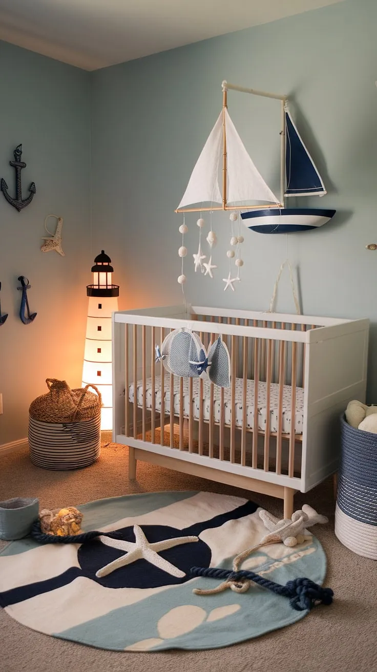 This gender-neutral nursery is a perfect blend of nautical charm and bohemian style. From the lighthouse nightlight guiding their slumber to the surf-inspired rug underfoot, every detail whispers tales of the sea, promising a childhood filled with wonder and exploration.