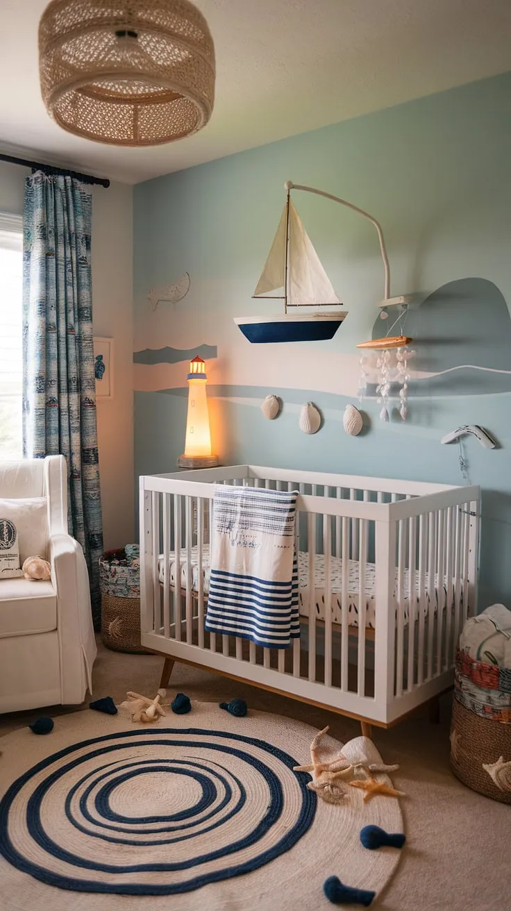 Drift away to dreamland in this serene nautical nursery, where boho vibes meet coastal charm. The soft blue walls, sailboat mobile, and lighthouse night light create a calming atmosphere perfect for peaceful slumber. A cozy space for little adventurers to explore their dreams.