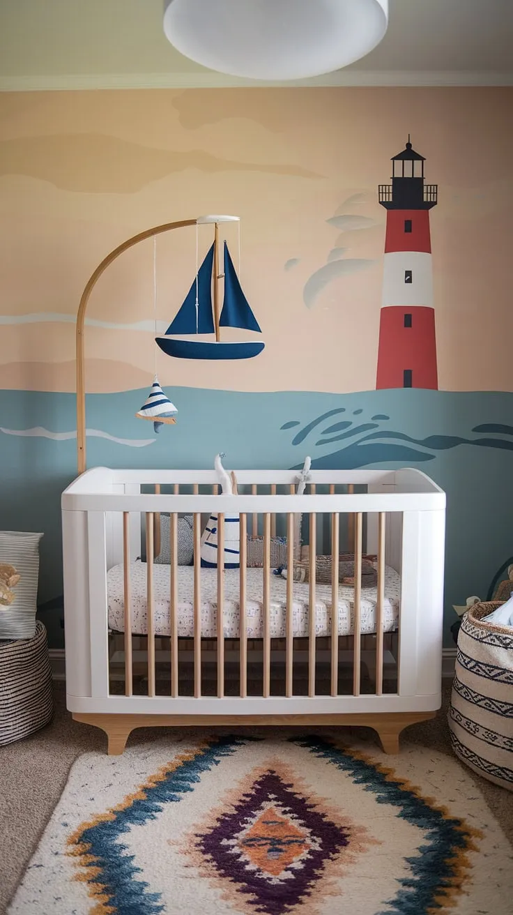 A whimsical nautical haven awaits. This gender-neutral nursery, featuring a handcrafted lighthouse mural, a boho-chic crib, and a charming sailboat mobile, offers a soothing and adventurous atmosphere. A truly special space where dreams set sail.