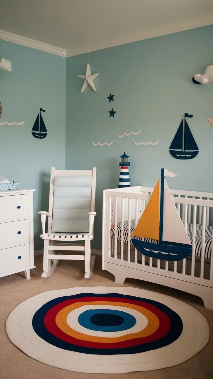 Sweet dreams are made of this: a gender-neutral nautical nursery brimming with calming blues, whimsical sailboats, and a cozy boho vibe. The perfect haven for a little sailor to explore their dreams.