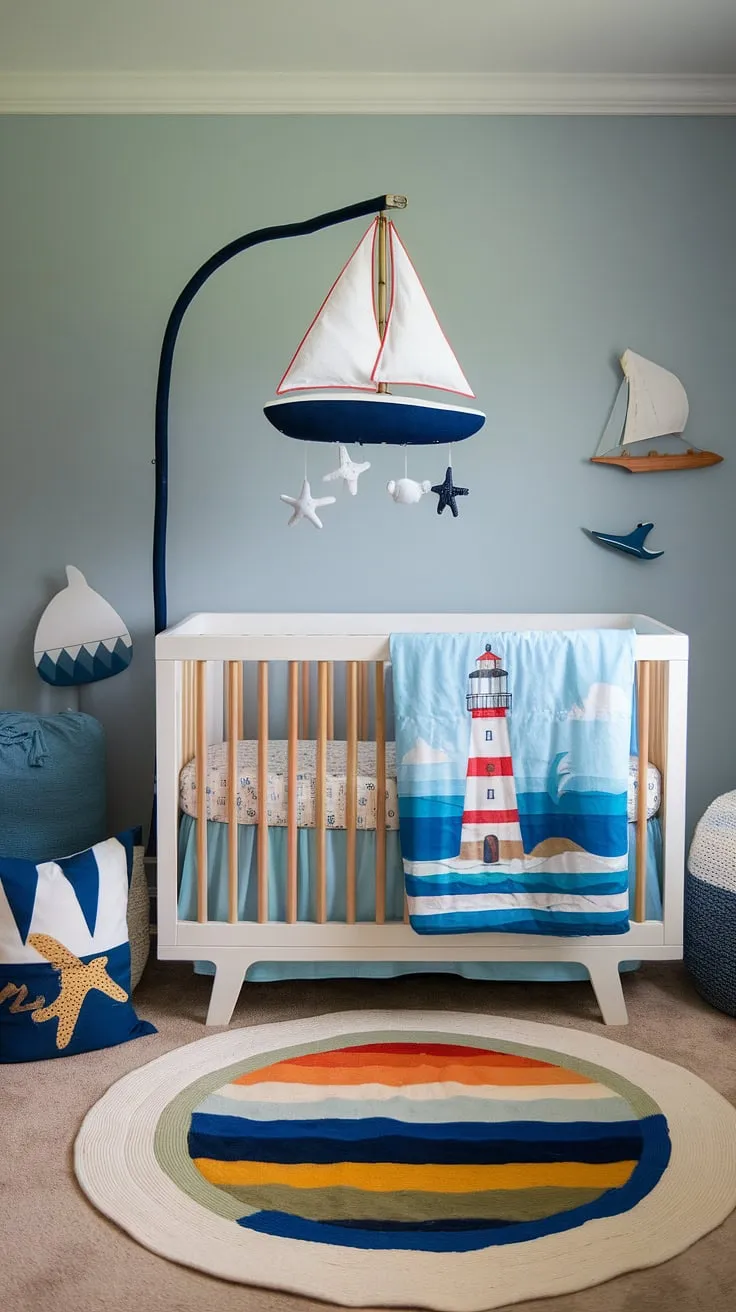 Ahoy, matey! This charming nautical nursery is ready for its newest adventurer. The light blue walls, playful sailboat mobile, and cozy lighthouse bedding set the stage for sweet dreams and endless ocean adventures. A perfect haven for a little one.