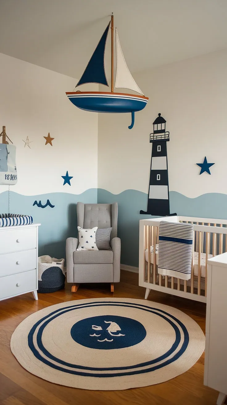 Set sail on a journey of sweet dreams in this enchanting nautical nursery. The calming ocean hues, playful sailboat, and comforting lighthouse create a serene space where adventures begin and imaginations soar. A perfect haven for a little one's peaceful slumber.