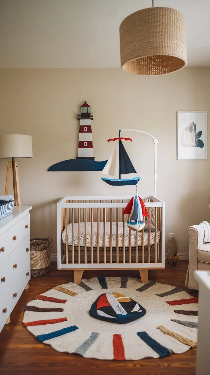 Drift away to dreamland in this serene nautical nursery, where boho vibes meet coastal charm. The gentle sway of the sailboat mobile above the crib, paired with the warm glow of the lamp, creates a peaceful haven for little ones. A perfect blend of textures and tones, this space is as calming as the ocean breeze.
