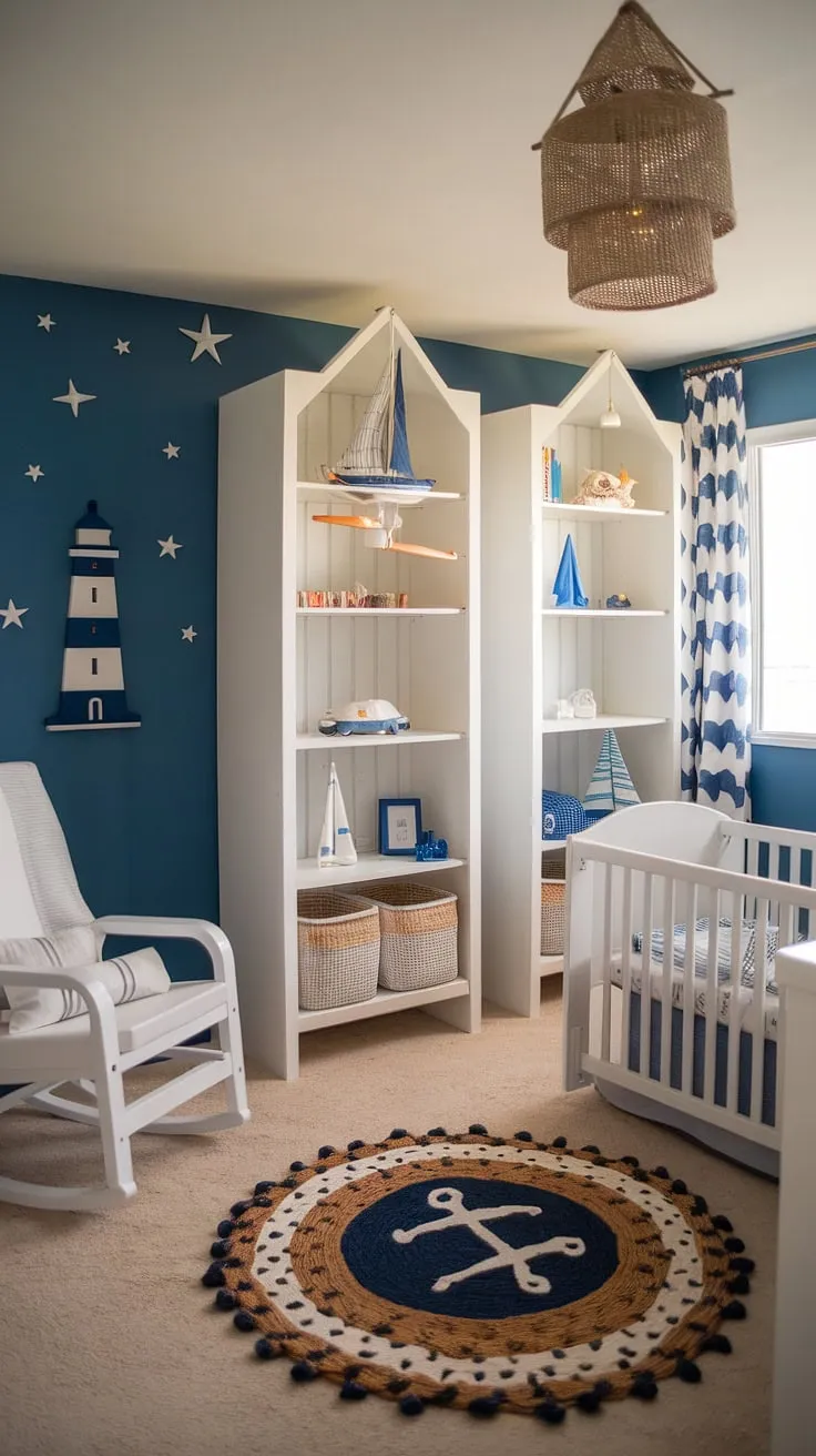 Adventure awaits in this charming boho surf nursery. A calming blue palette, accented with white stars and nautical details, creates a peaceful haven. The handcrafted sailboat mobile and lighthouse lamp add a touch of whimsy, while the comfortable rocking chair is perfect for quiet moments. A truly enchanting space for your precious little sailor.