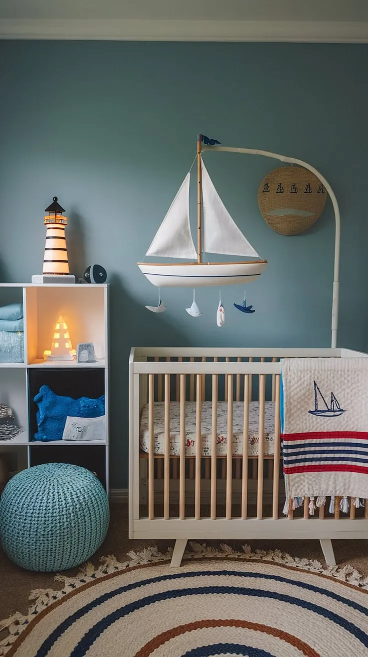 This boho beach nursery is a perfect blend of nautical charm and relaxed coastal vibes. The sailboat mobile, lighthouse nightlight, and textured rug all contribute to a space that's as calming as the ocean breeze. A truly enchanting haven for little ones.