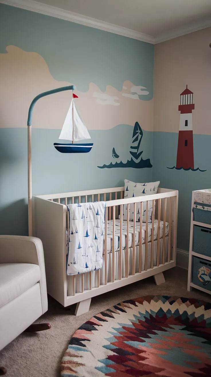 Soft blues and nautical charm create a peaceful sanctuary in this gender-neutral nursery. The handcrafted details, from the whimsical sailboat mobile to the cozy rug, add a touch of personality and warmth, making it a truly special space for a little one to grow and explore.