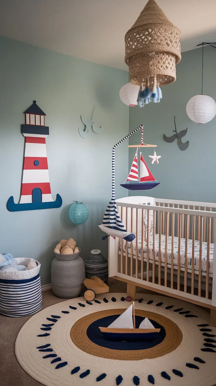 Adventure awaits in this beautifully styled nursery, a perfect blend of boho chic and nautical style. The calming blue hues, playful sailboat accents, and charming lighthouse artwork create a space that's both stylish and serene, ready to welcome a little sailor home.