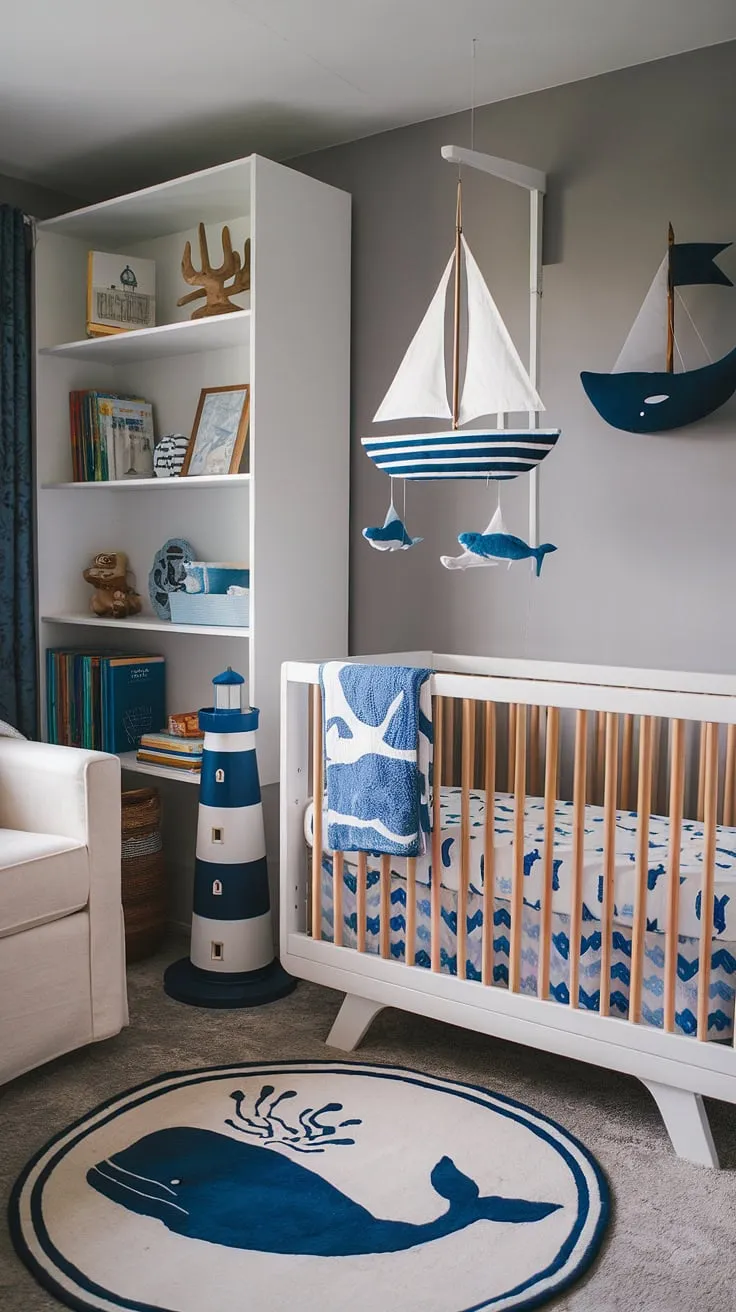 Drift away to dreamland in this serene nautical nursery. A charming sailboat mobile gently sways above a cozy crib, complete with a whale-patterned boho surf set, all overseen by a miniature lighthouse. The grey walls and white bookshelf provide a calming backdrop to this perfectly curated space.