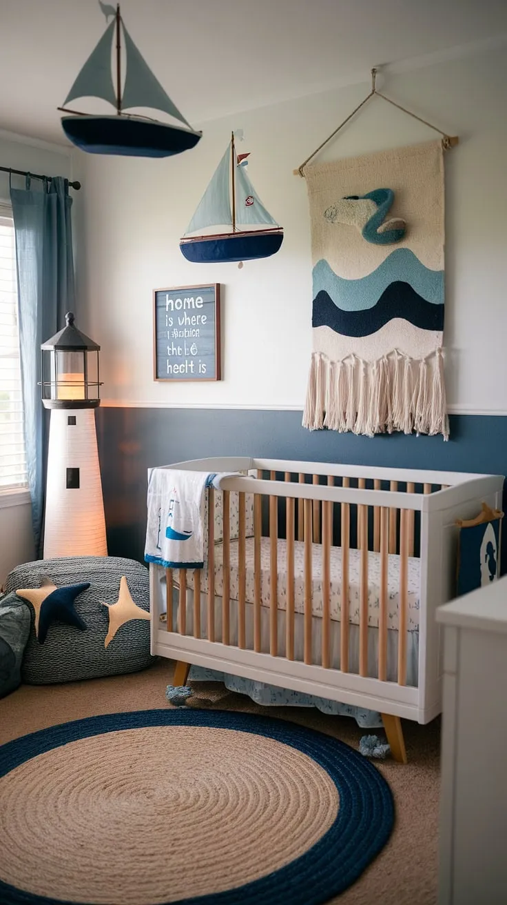 Adventure awaits in this gender-neutral haven, a nautical nursery designed for sweet dreams and boundless imagination. The ocean-themed decor, complete with a wave wall hanging and rope rug, creates a calming yet stimulating space. Home is where the heart is, and in this room, hearts are filled with wonder.