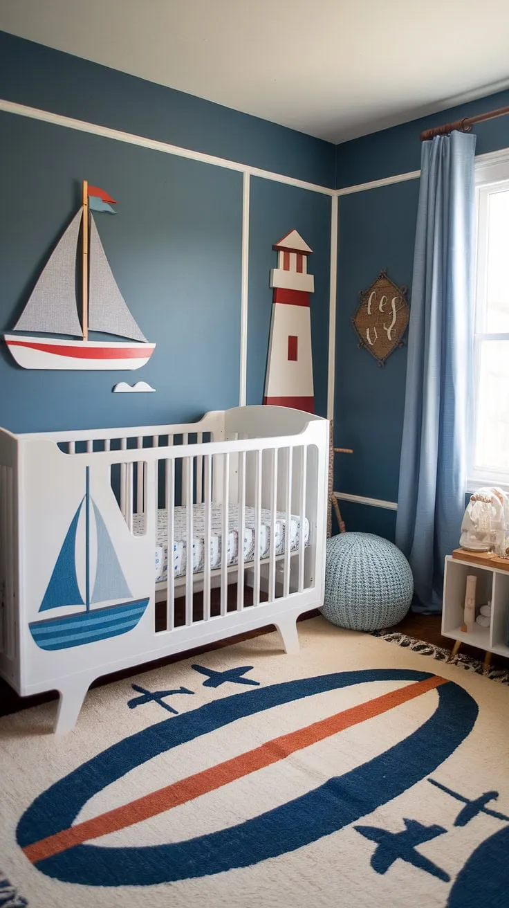 Ahoy, matey! This gender-neutral nautical nursery is ready for smooth sailing. The calming blue walls, charming sailboat crib, and playful surfboard rug create a perfect haven for little adventurers. A touch of boho chic and a sturdy lighthouse keep watch over sweet dreams.