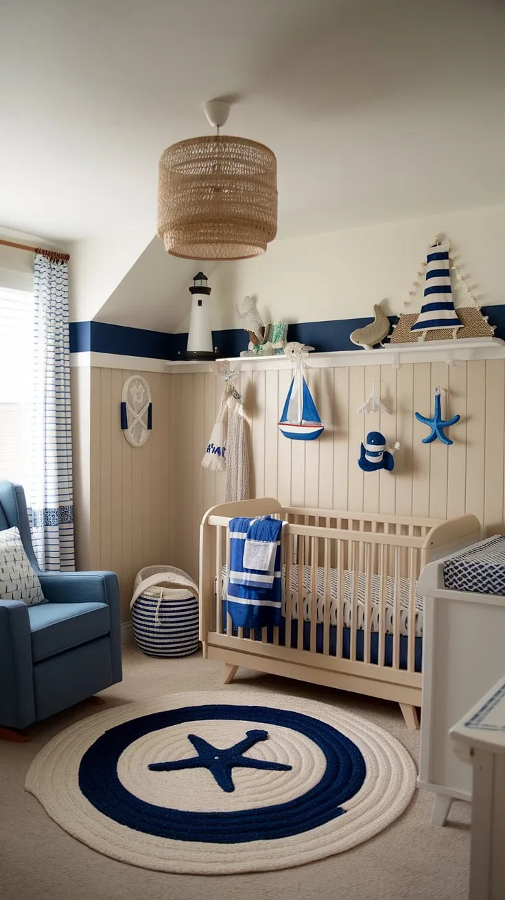Ahoy, matey! This nautical nursery is a dream come true, perfectly blending calming beige and refreshing blue tones. The charming sailboat mobile, lighthouse lampshade, and boho surf rug create a whimsical ocean adventure for little ones. Every detail, from the striped walls to the adorable anchor and whale decor, contributes to a serene and stylish space.