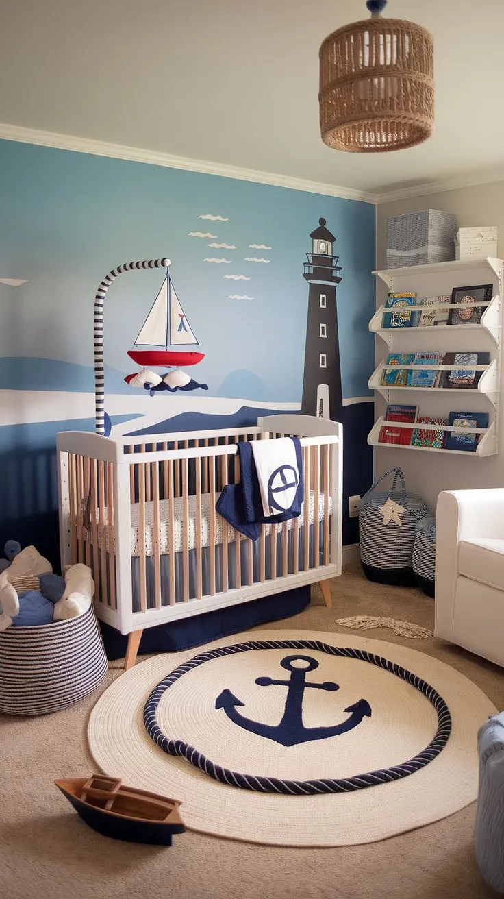 Ahoy, matey! This nautical nursery is ready for smooth sailing, filled with calming blues and whites, a charming sailboat mobile, and cozy textures. The perfect blend of adventure and serenity for a little one's peaceful slumber.