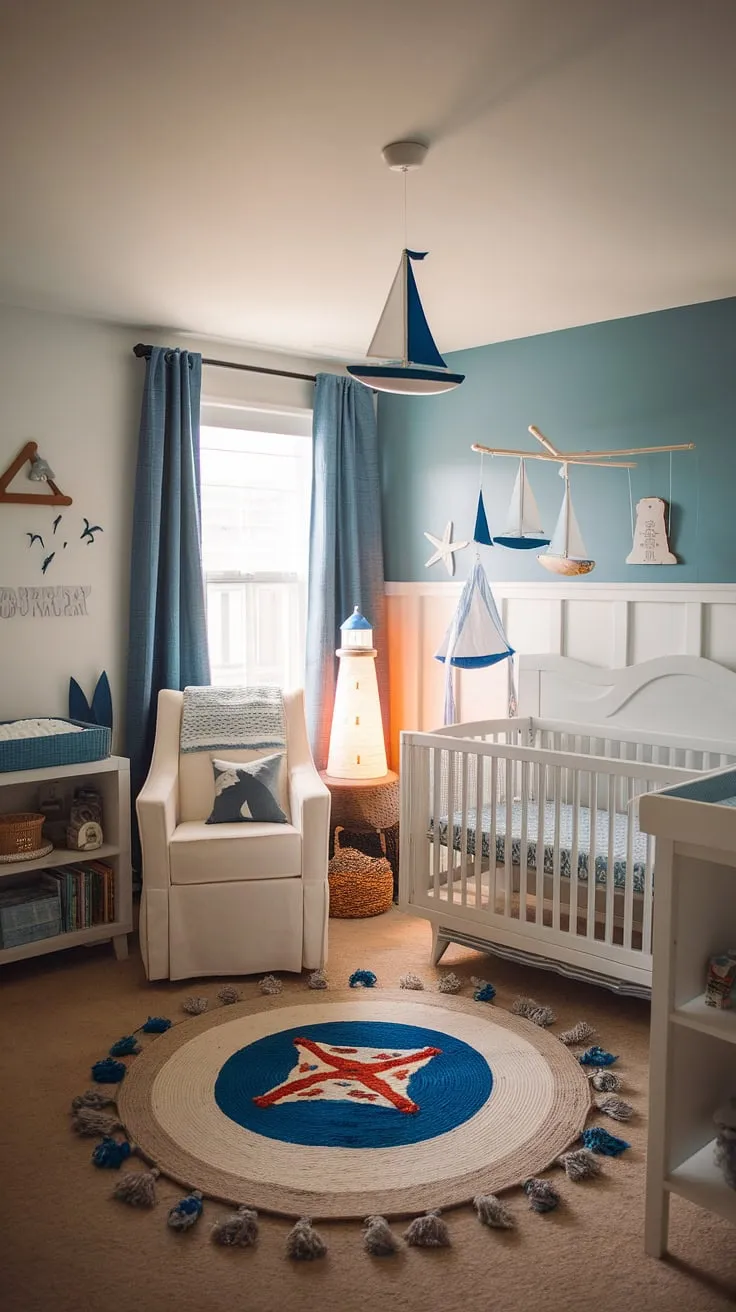Drift away to dreamland in this serene nautical nursery, where calming blues, whites, and grays create a peaceful haven. A charming sailboat mobile gently sways above the crib, while a lighthouse nightlight casts a warm glow, guiding little ones to sleep. The boho rug adds a touch of playful texture, completing this perfectly balanced space for peaceful slumber and happy playtime.