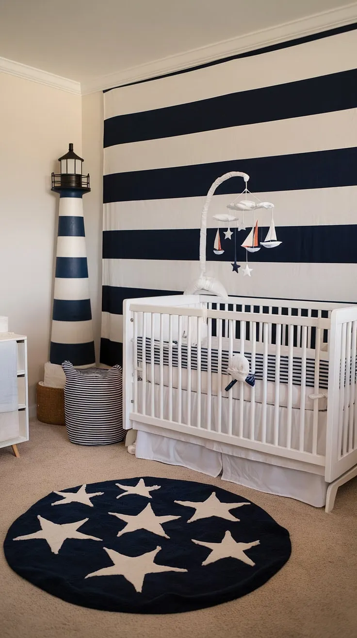 Set sail on a journey of sweet dreams in this gender-neutral nautical nursery. The calming white crib, complemented by navy and white stripes and a celestial mobile, creates a peaceful haven. Every detail, from the lighthouse to the star-studded rug, whispers tales of adventure and wonder.