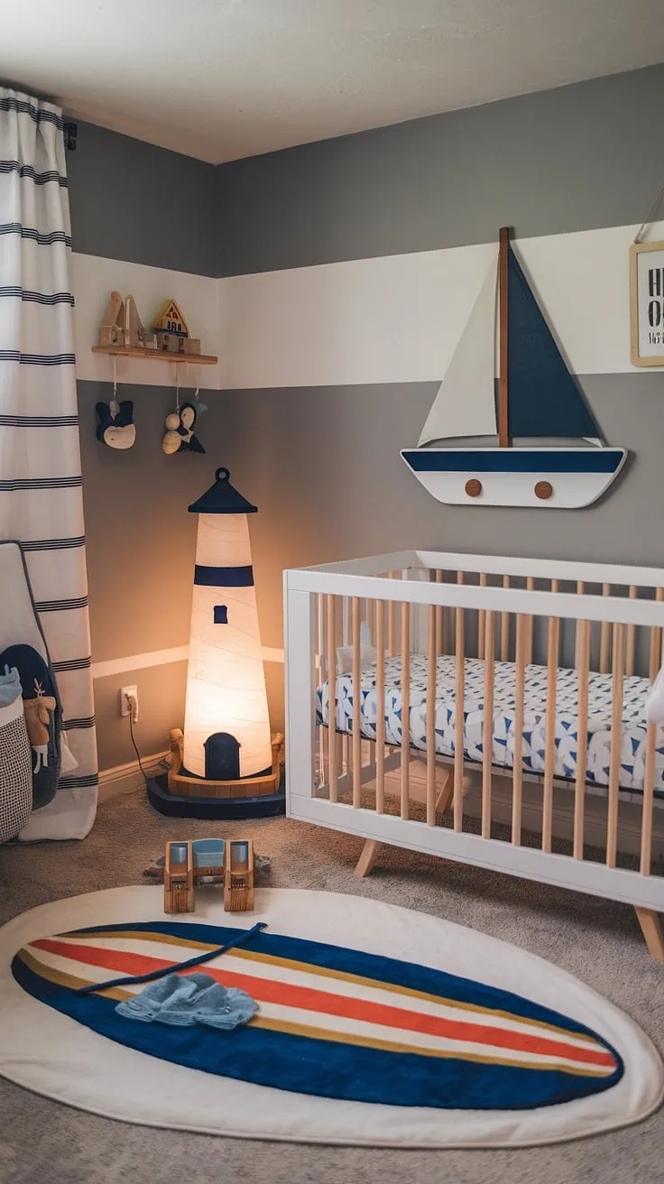 Anchors aweigh! This gender-neutral nursery is a haven of nautical dreams. From the charming sailboat crib to the playful surfboard rug, every detail is thoughtfully curated to create a space that's both stylish and serene. A perfect place for little sailors to drift off to sleep.