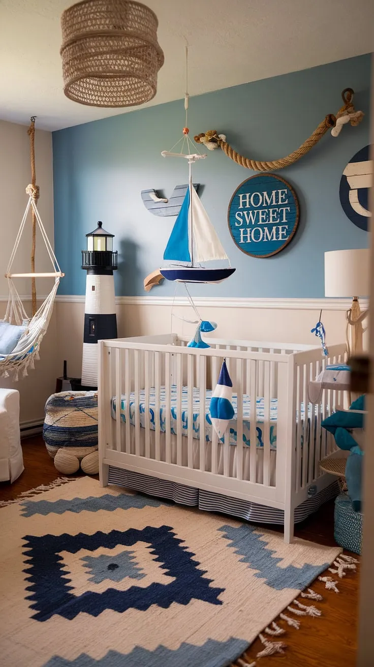 Home sweet home, indeed! This nautical-themed nursery is a testament to thoughtful design and a love for the sea. From the wave-patterned crib bedding to the charming lighthouse lamp and the playful rope hammock, every detail speaks to a world of adventure and tranquility. A truly special space for a little one to grow.