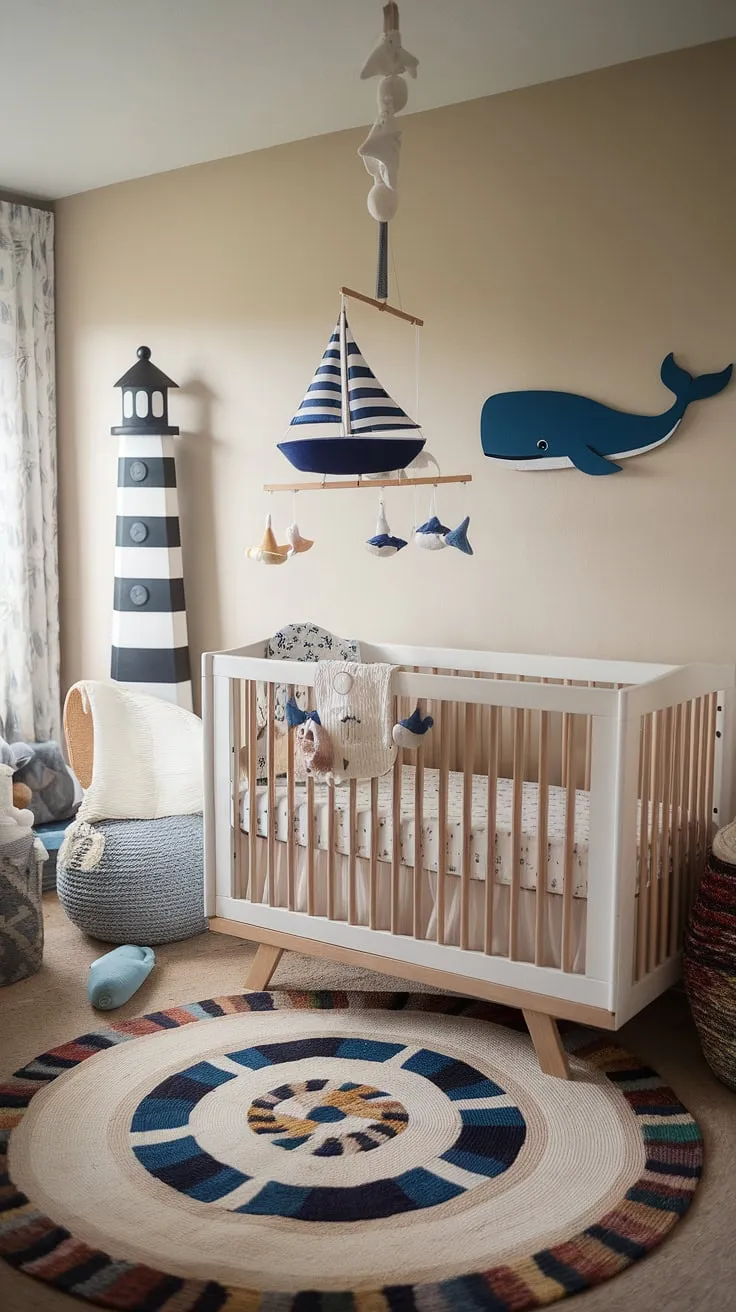 Drift away to dreamland in this serene nautical nursery. The gentle sway of the sailboat mobile above the crib, combined with the calming boho touches, creates a perfect haven for peaceful slumber. A lighthouse and whale keep watch over sweet dreams.
