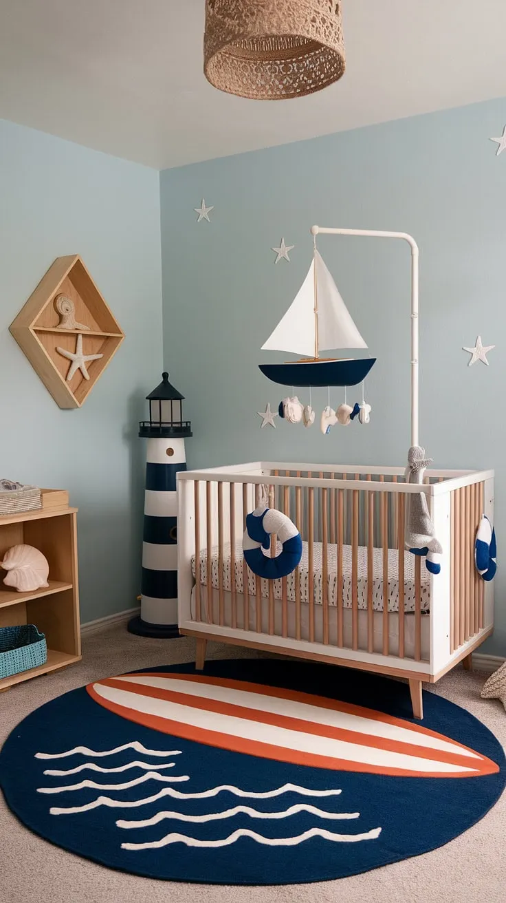 Adventure awaits! This boho surf-inspired nursery, with its calming blue walls, whimsical sailboat mobile, and charming lighthouse, is the perfect blend of nautical charm and relaxed coastal style. A gender-neutral space filled with wonder.