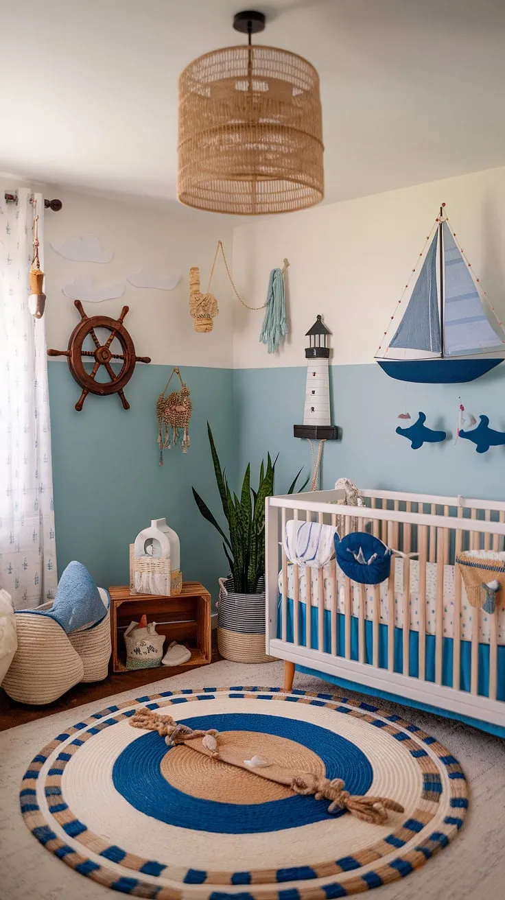 Adventure awaits in this charming boho surf nursery! Soft blues and whites create a tranquil atmosphere, while playful nautical details like the ship wheel and rope accents add a touch of whimsy. The lighthouse lampshades and sailboat mobile cast a magical glow, perfect for bedtime stories. This gender-neutral space is a perfect blend of relaxed style and nautical charm, ready to welcome a little one into a world of wonder.