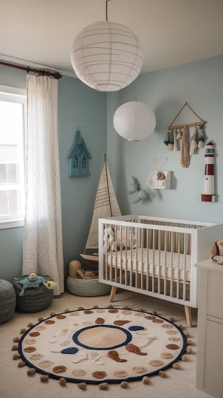 Adventure awaits in this gender-neutral nursery, a whimsical blend of boho style and nautical charm. Light blue walls, a cozy rug, and playful ocean-themed decor create a space that's both stylish and soothing. A perfect sanctuary for a little sailor's slumber.
