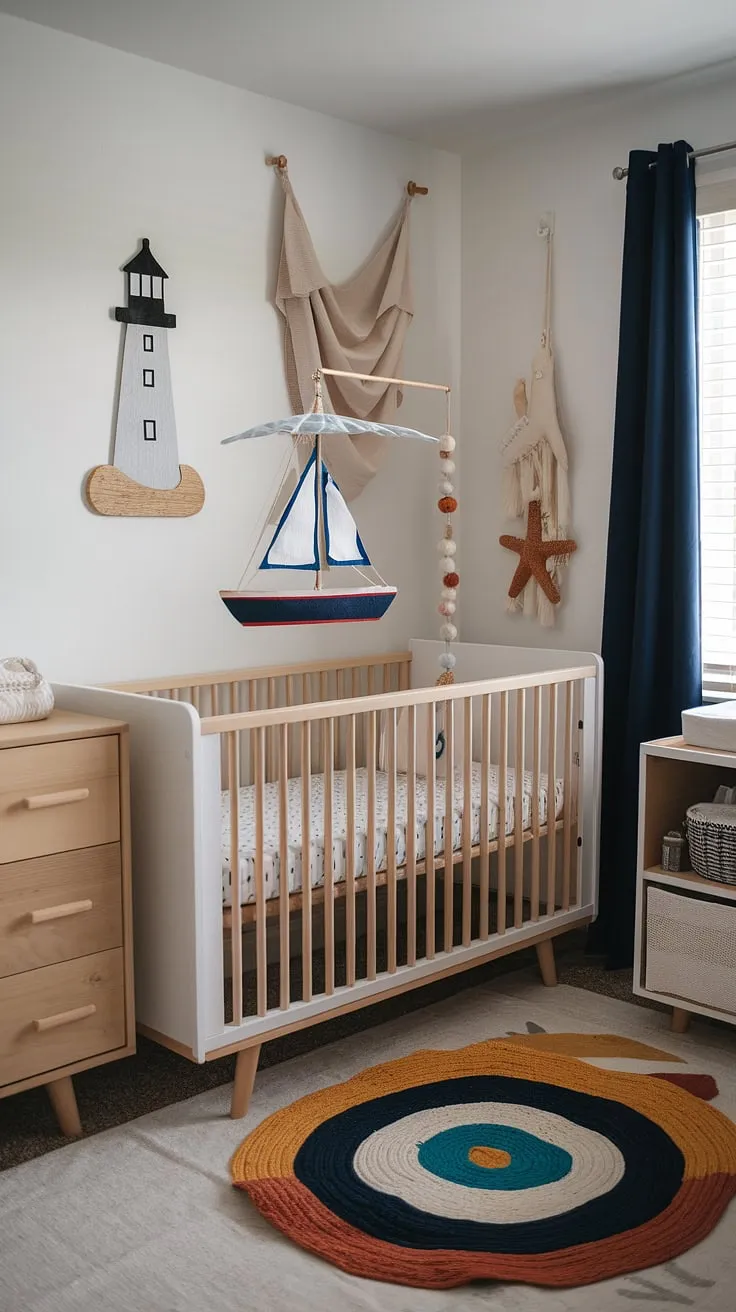 Drift off to dreamland in this serene nautical nursery, where boho vibes meet coastal charm. The sailboat mobile gently sways above the crib, creating a calming atmosphere perfect for little ones. A lighthouse keeps watch over peaceful slumber, while a starfish adds a touch of playful ocean magic. The neutral palette and natural textures create a space that's both stylish and soothing.