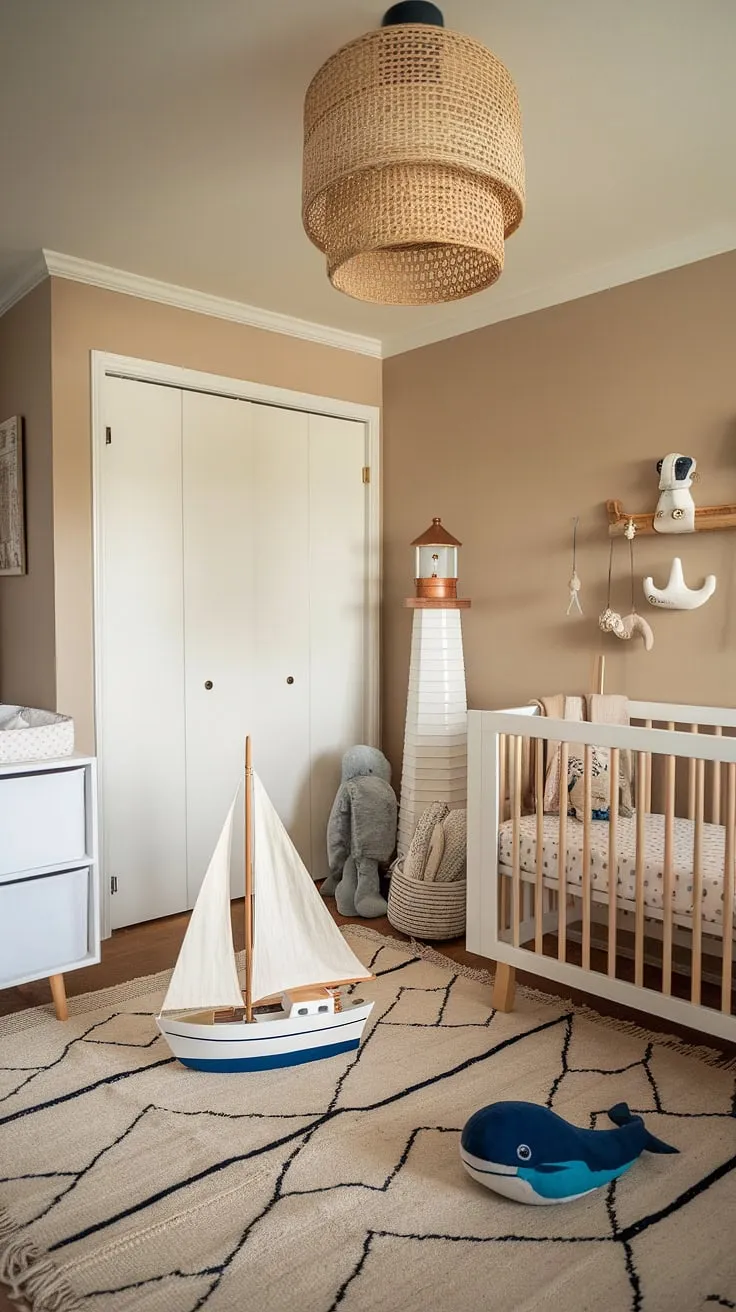 Drift away to dreamland in this serene nautical nursery, where boho chic meets coastal calm. The neutral palette, handcrafted details, and playful nautical accents create a space that's both stylish and soothing for your little one. A perfect blend of comfort and adventure awaits.