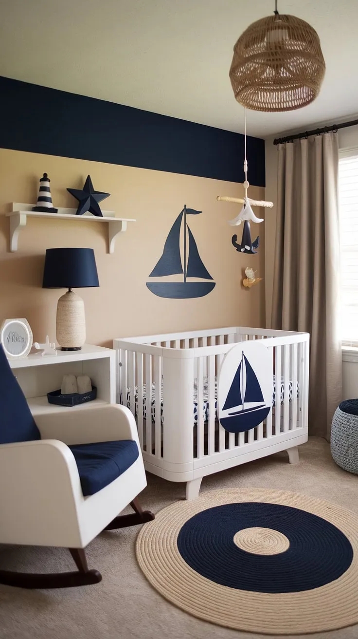 This boho surf nursery effortlessly blends nautical charm with a relaxed, gender-neutral aesthetic. The calming beige and navy blue color scheme, paired with playful sailboat accents and a cozy rocking chair, creates a welcoming space for both parent and child. A perfect haven for sweet dreams and seaside adventures.