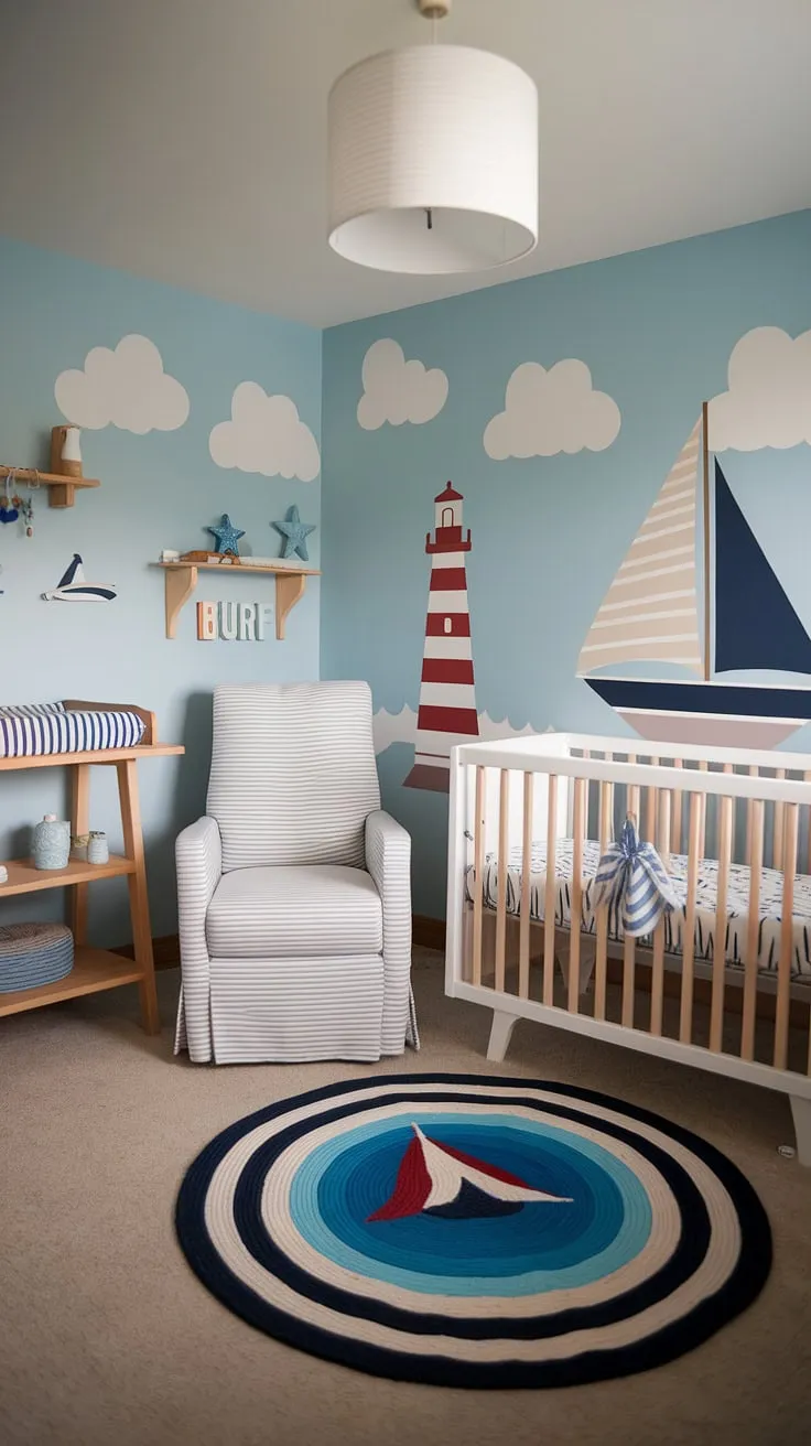 Drift away to dreamland in this serene nautical nursery, where calming blues and playful sailboat prints create a haven of peace. The handcrafted wooden elements and cozy textures add warmth, making it the perfect space for little ones to explore their imagination. A truly enchanting space for sweet dreams and seaside adventures.
