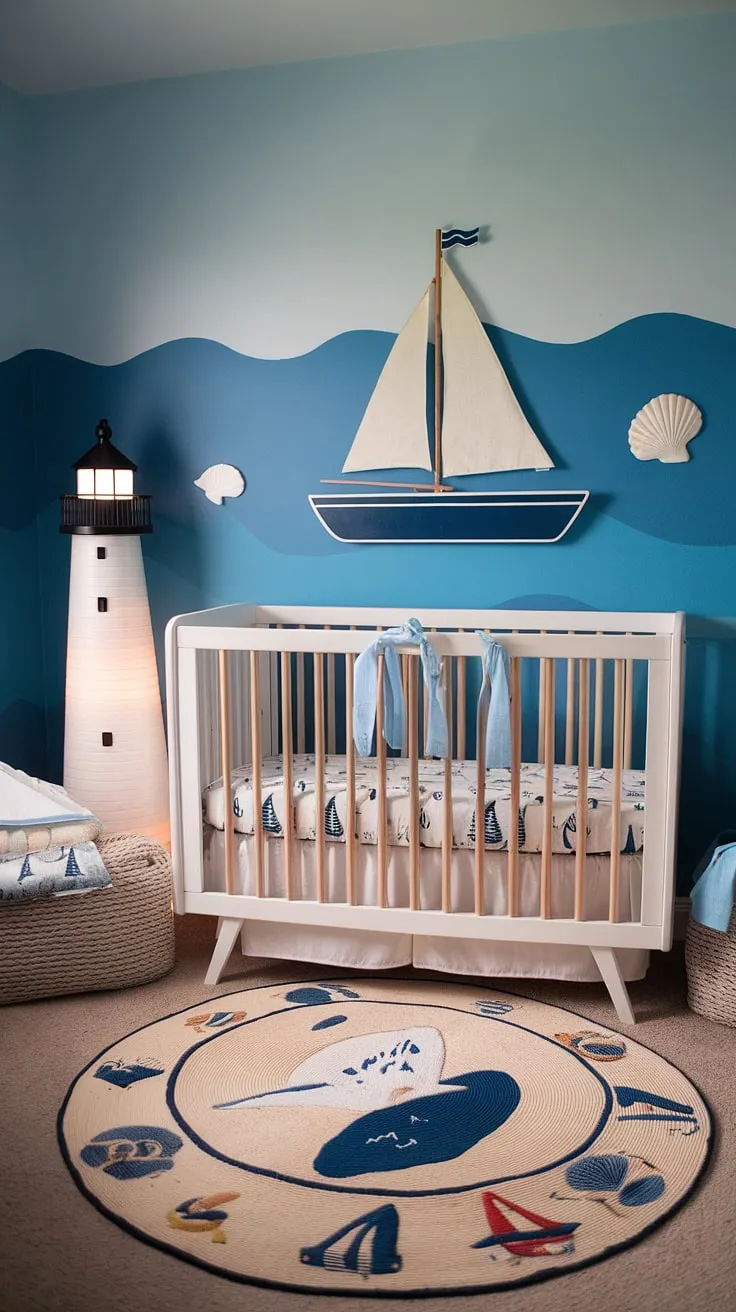 Set sail for sweet dreams in this ocean-inspired nursery. The calming blue waves on the walls, the playful sailboat crib, and the charming lighthouse lamp create a tranquil haven where adventures begin and end. A perfect space for a little one to explore the wonders of the sea.