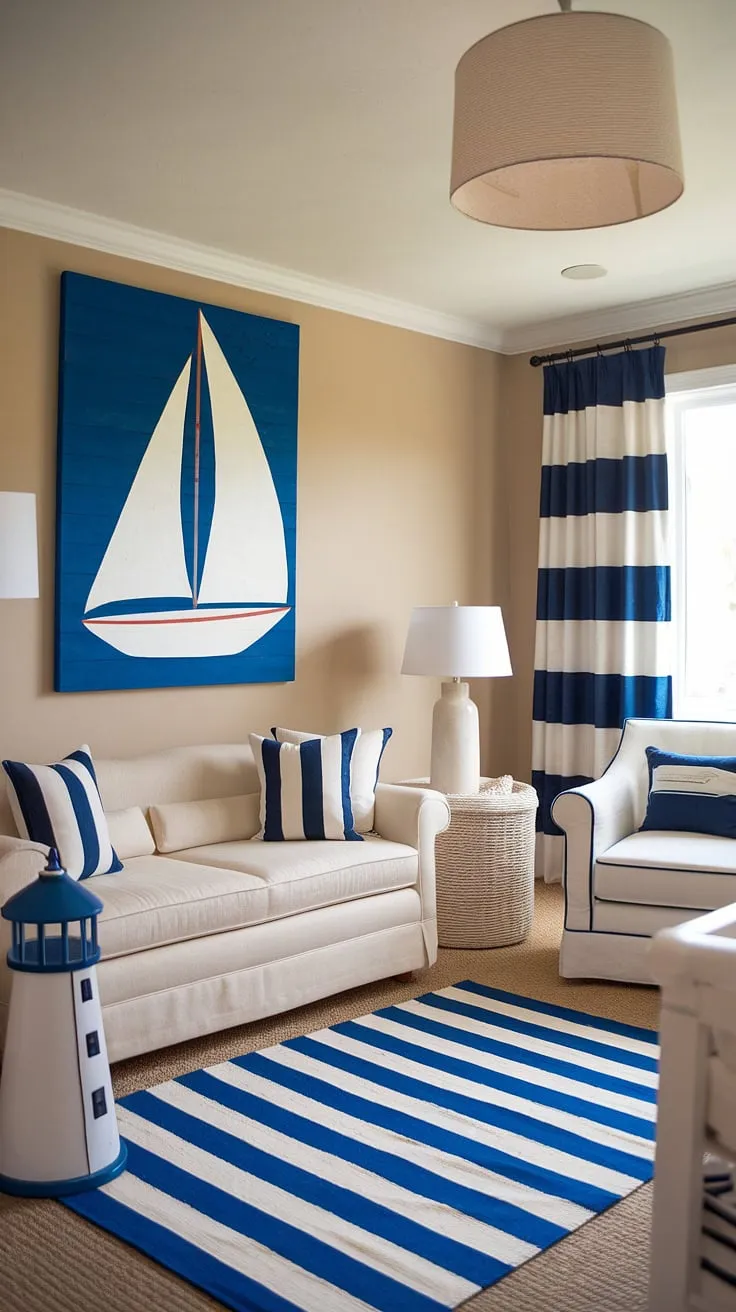 This boho surf nursery is a tranquil escape, blending calming beige walls with vibrant nautical accents. The carefully curated details, from the striped cushions to the charming lighthouse, create a space that's both stylish and soothing, offering a gender-neutral nautical decor perfect for peaceful slumber.