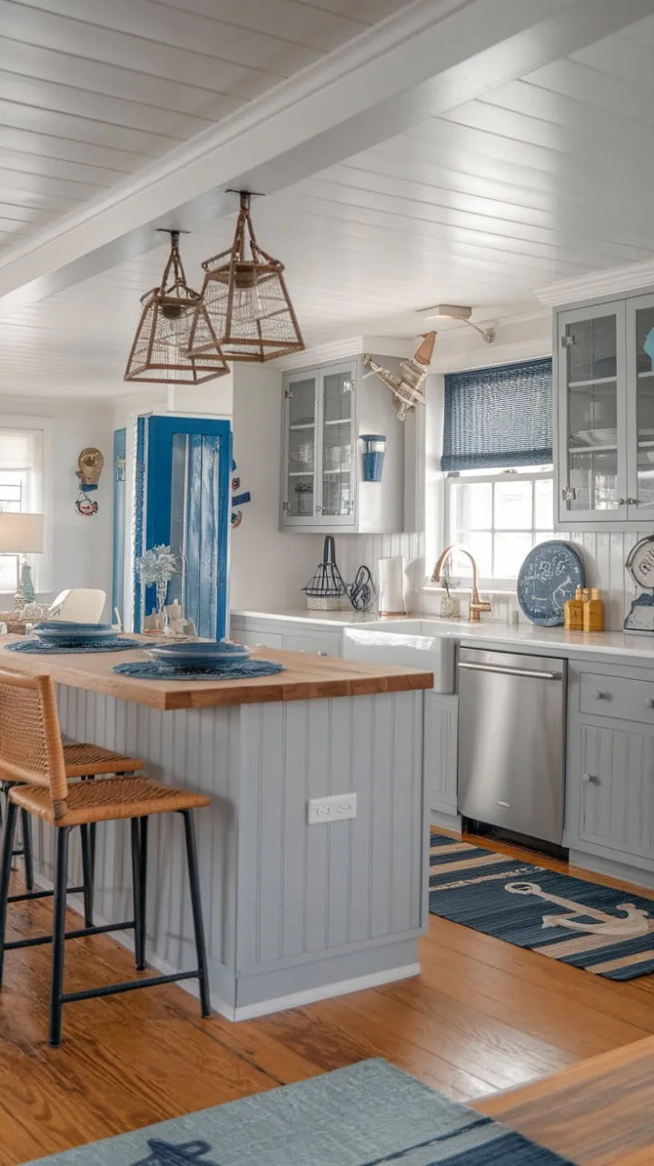 Escape to a coastal haven where charming farmhouse aesthetics blend seamlessly with nautical elegance, inviting you to relax in a breezy, anchor-adorned retreat.