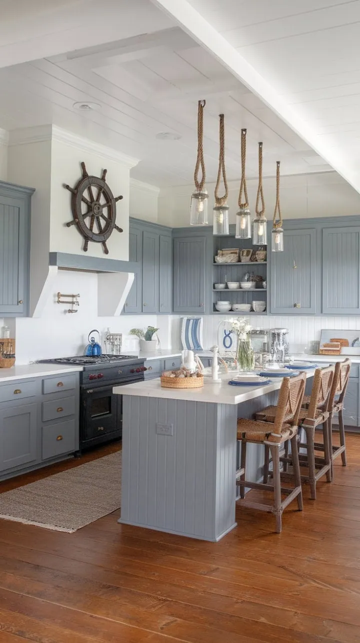 This kitchen harmoniously blends coastal charm with farmhouse functionality, featuring gray cabinets, nautical accents, and bright white countertops for an inviting, airy atmosphere.