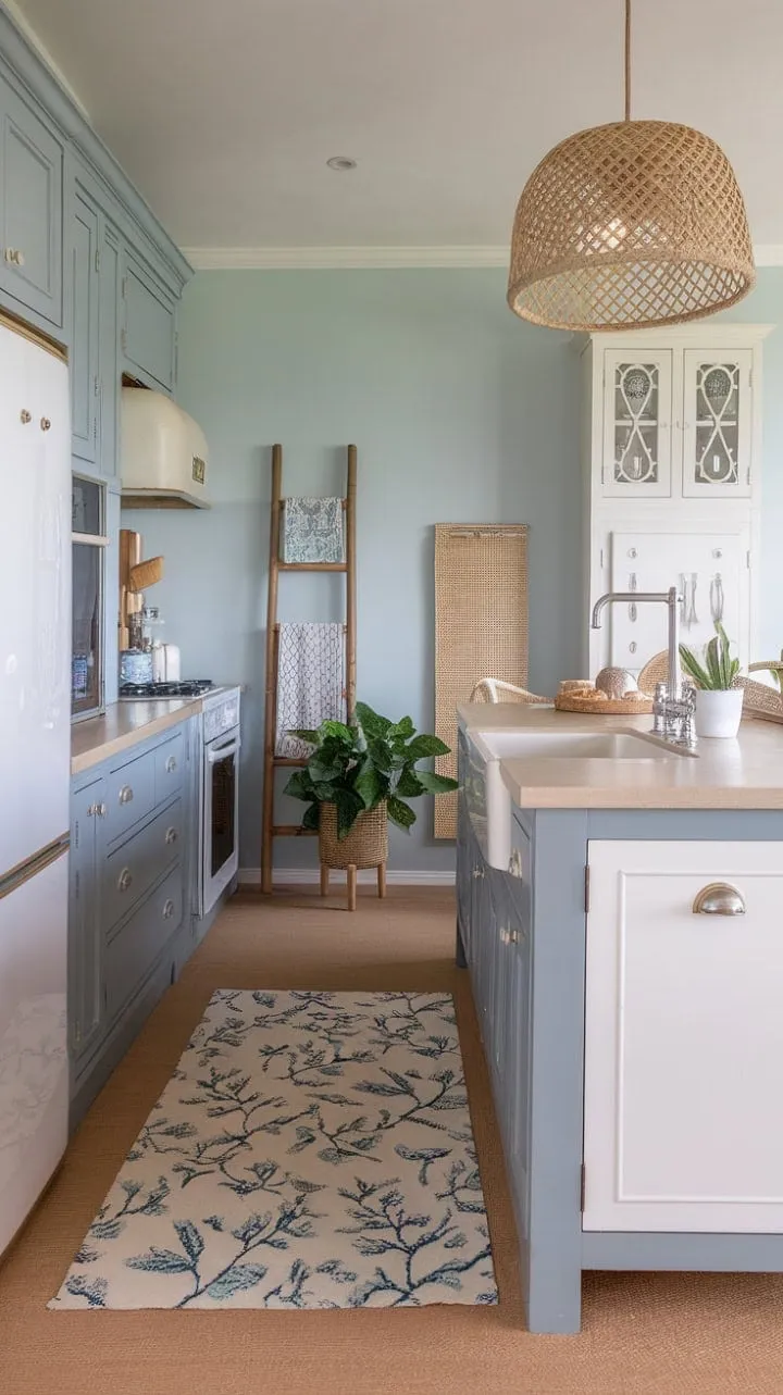 This serene coastal kitchen blends gray cabinets and a beige island with a woven rattan light fixture, floral rug, and soft blue walls for a charming ocean-inspired retreat.