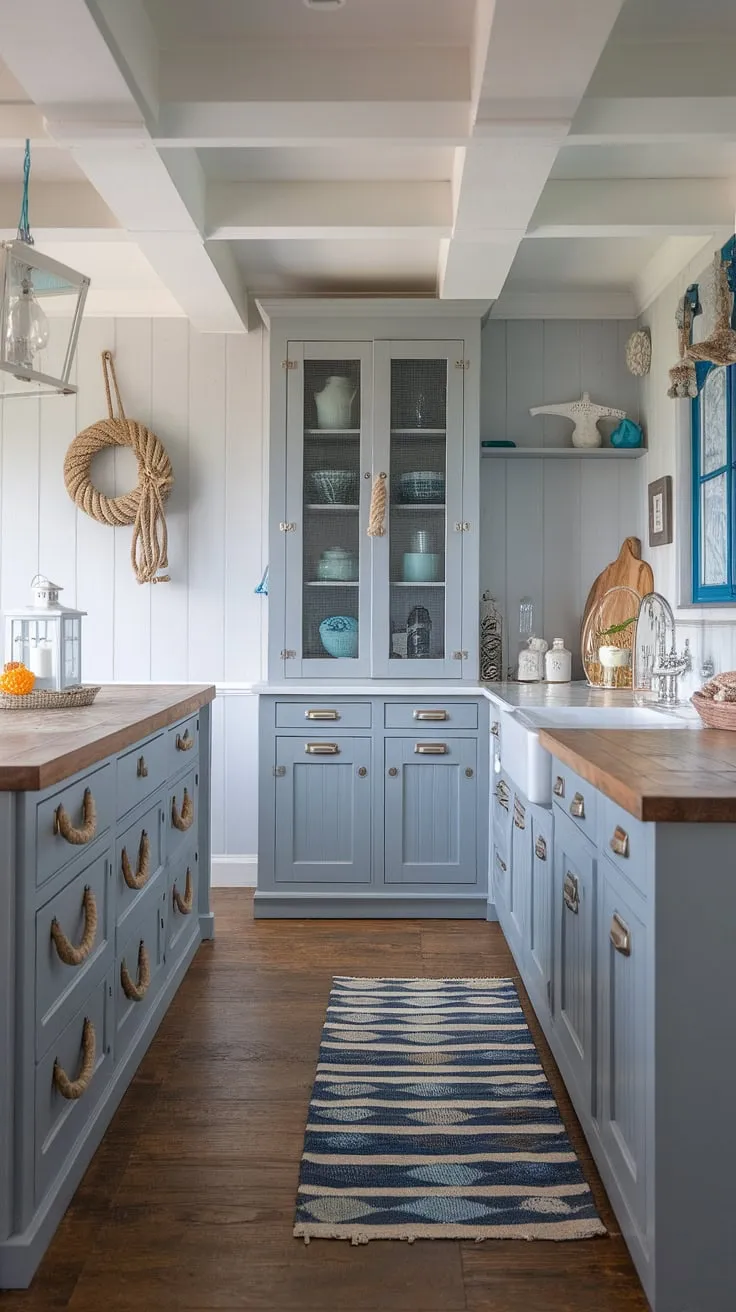 Coastal charm meets farmhouse function in this dreamy kitchen. The gray cabinets, wood island, and nautical rope details create a space that's both stylish and inviting, perfectly blending the relaxed feel of the beach with the warmth of home. The exposed beams add a touch of rustic elegance, completing this serene coastal escape.