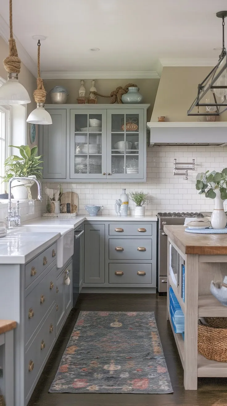 This coastal farmhouse kitchen is the perfect blend of style and comfort. The calming beige walls and gray cabinetry are complemented by warm wood tones and nautical rope details. The thoughtful addition of potted plants and a charming rug creates a space that's both beautiful and functional.