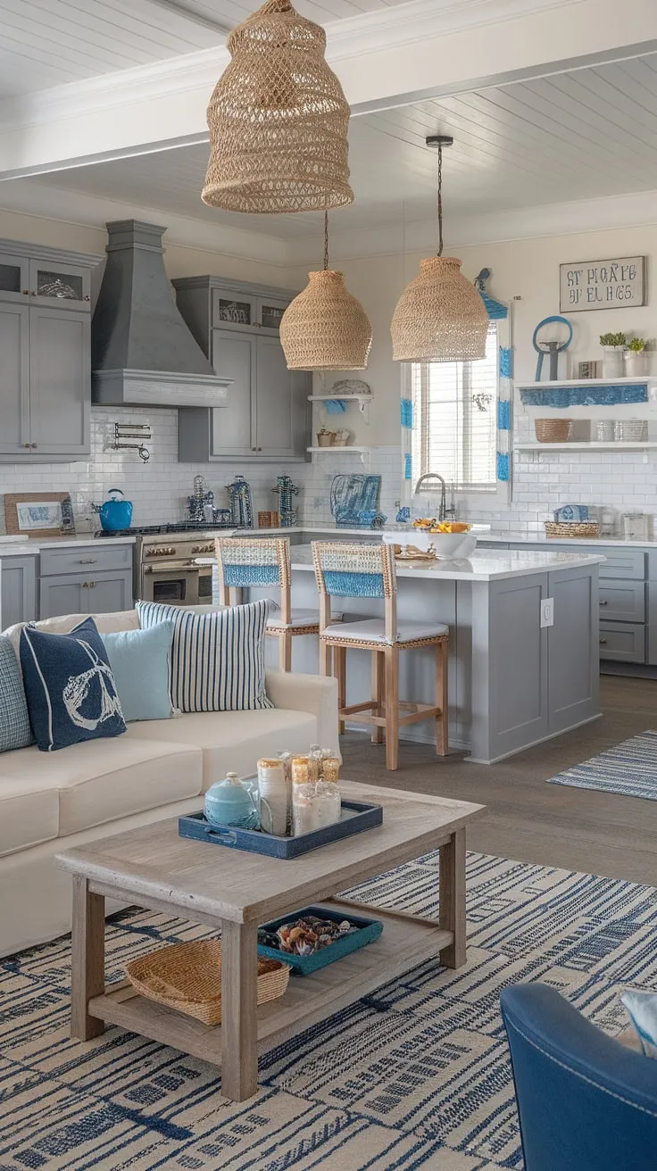 This stunning coastal kitchen and living area seamlessly blends farmhouse simplicity with nautical details. The gray cabinetry provides a sophisticated backdrop, while the coastal rug and thoughtful accents add a touch of breezy charm. A perfect blend of style and comfort.