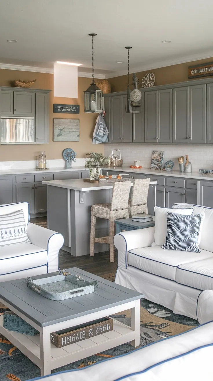 Imagine waking up to this view every day. This nautical living room, with its beach kitchen and calming beige walls, is a sanctuary of serenity. The gray cabinets and white countertops offer a clean aesthetic, while the white furniture and coastal rug add a touch of relaxed elegance. The carefully chosen decorative accents, like the lantern and wooden sign, complete the picture of tranquil coastal living.