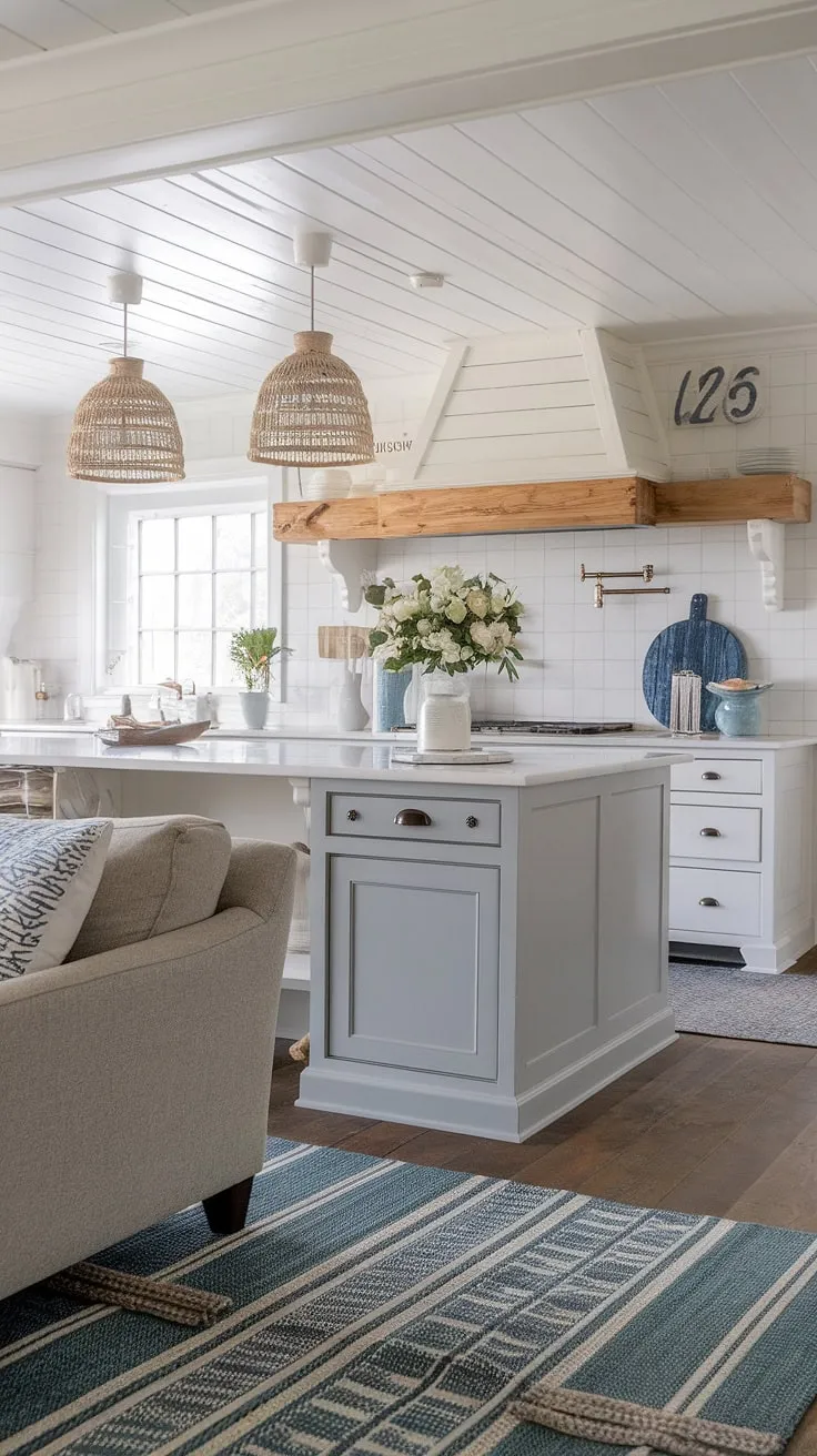 Ocean breezes and coastal charm fill this nautical living space, where a gray cabinet anchors the room's relaxed elegance, complemented by the two-tone coastal kitchen cabinets and a beach kitchen decor that evokes the feeling of a seaside cottage. The coastal kitchen rug adds a touch of warmth underfoot, while the kitchen island provides a perfect spot for casual gatherings.