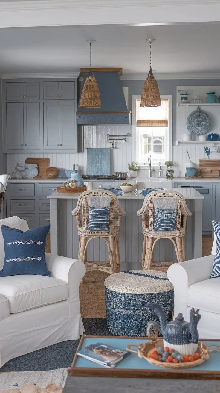 This coastal kitchen and living room is a dream come true. The gray cabinets and two-tone palette create a sophisticated backdrop for the beachy kitchen decor, while the central island anchors the space. A coastal farmhouse design with thoughtful details, this room offers a tranquil escape, perfect for unwinding after a long day.