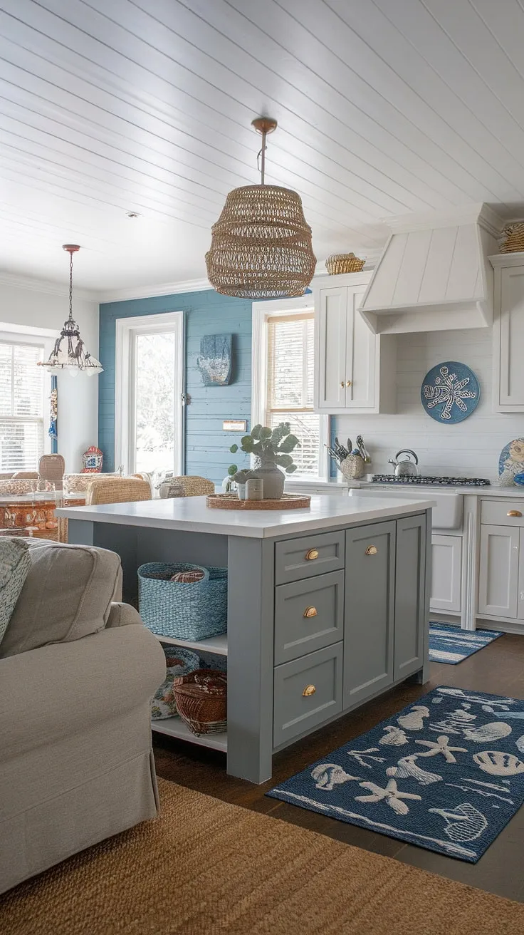 Escape to the seaside in this dreamy kitchen, effortlessly blending coastal farmhouse aesthetics with nautical details. The gray cabinets, beach house island, and textured rug create a tranquil atmosphere, perfect for relaxing seaside living.