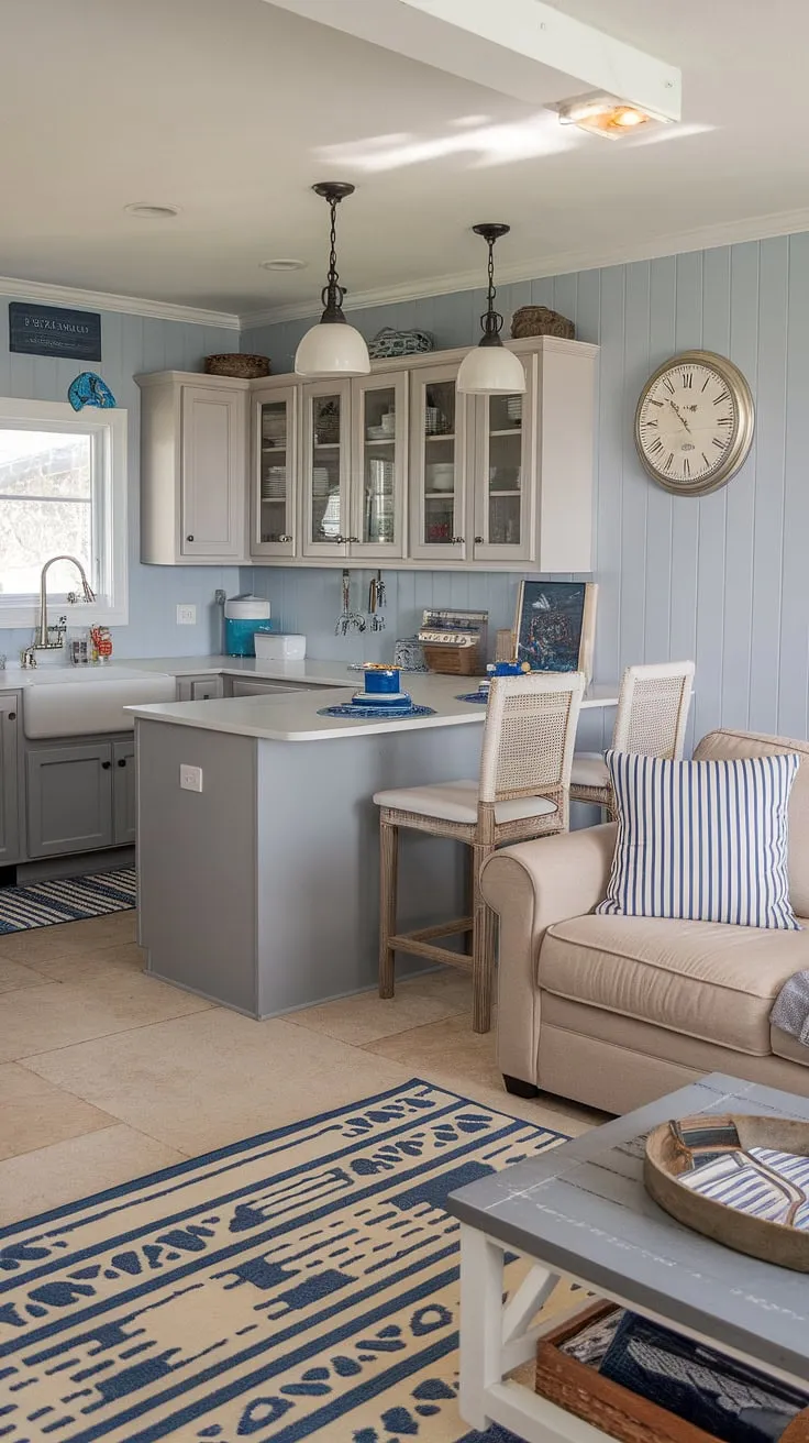 Coastal charm meets farmhouse comfort in this serene living space. The gray kitchen with its two-tone cabinets and white countertops offers a stylish contrast to the beige sofa and nautical accents, creating a relaxed atmosphere perfect for unwinding after a day by the sea. The coastal rug ties the whole design together, adding a touch of texture and warmth.