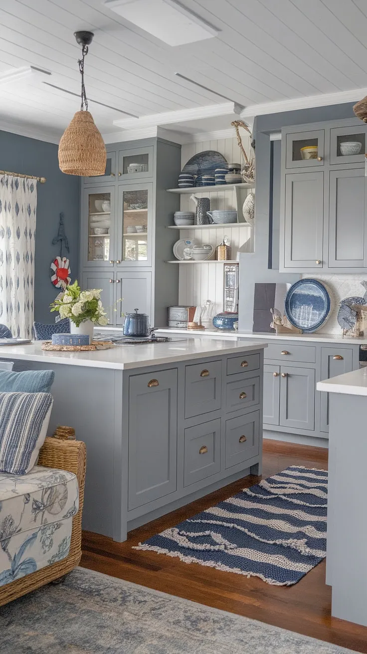 This dreamy coastal farmhouse kitchen seamlessly flows into a relaxing nautical-themed living room. The gray cabinetry provides a sophisticated backdrop, while the beachy details and thoughtful design create a space that's both beautiful and inviting. A true haven of tranquility.