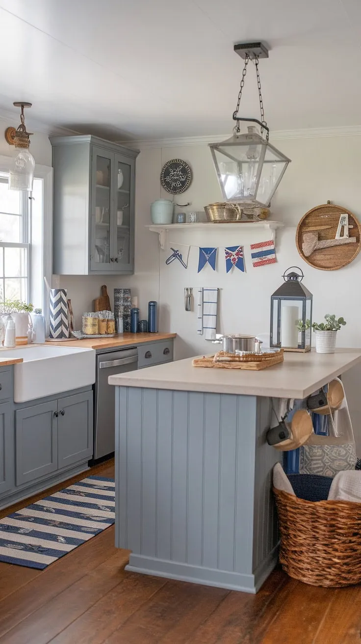 This two-tone coastal kitchen is a dream. Gray cabinets provide a sophisticated backdrop to the warm beige island, perfectly complemented by the white walls and wood floors. A collection of charming nautical details, including flags and a lantern, add personality, creating a space that feels both stylish and comfortably lived-in.