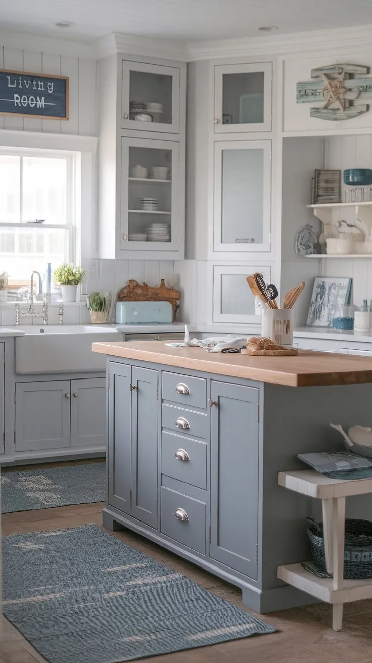 Coastal charm meets modern farmhouse style in this kitchen. The two-tone gray and white cabinets, paired with the warm wood island, create a serene and inviting space perfect for seaside living. A touch of nautical decor adds to the relaxed atmosphere, making this the heart of a happy home.