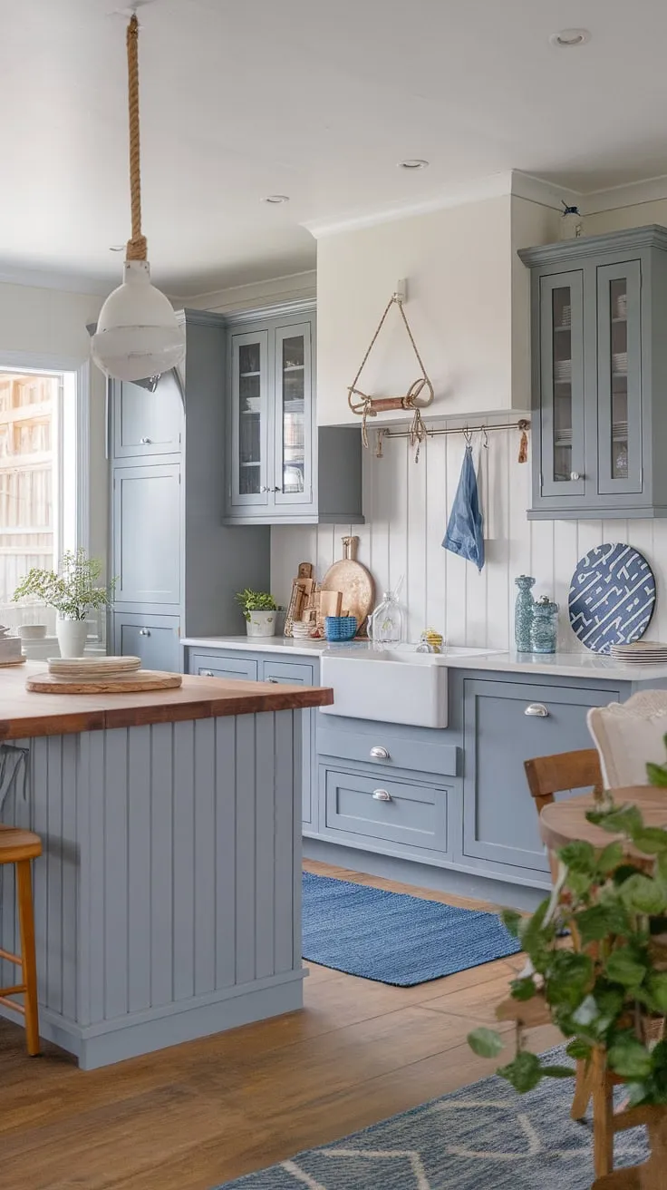 Coastal charm meets farmhouse function in this serene kitchen. The gray cabinets and white walls create a calming backdrop, while the wood island and nautical rope accents add warmth and texture. A perfect blend of style and comfort.