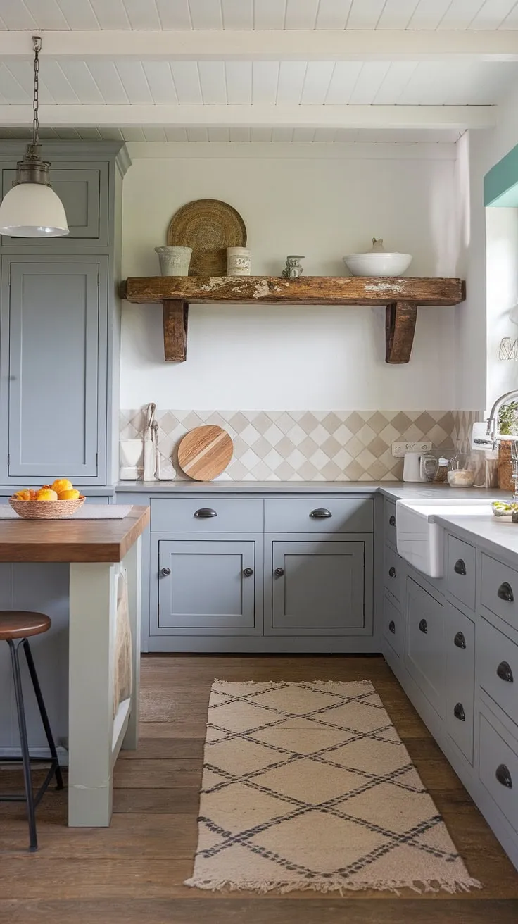 This serene coastal farmhouse kitchen is a dream. The gray cabinetry is balanced beautifully by the warm wood island and the subtle texture of the beige and white backsplash. The plush white rug adds a touch of comfort, while the rustic shelf provides a place for cherished items, creating a space that's both stylish and a incredibly livable.